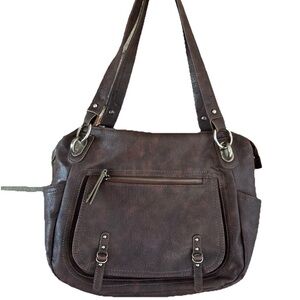 Plum Women's Brown Faux Leather Shoulder Bag Zipped Closure Pockets Handbag PVC